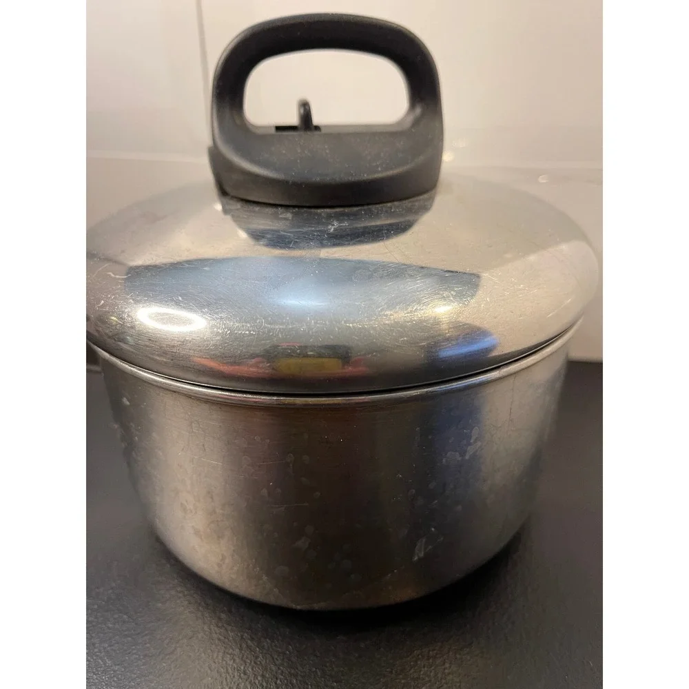 Revere Stainless Steel Saucepan with Vented Lid Silver Black Handle Kitchen Pot